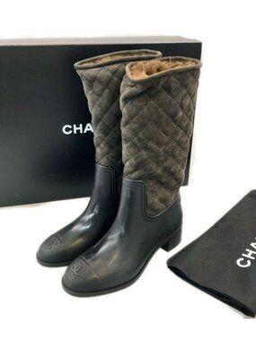 Chanel Long Gray Boots Quilted CC Logo